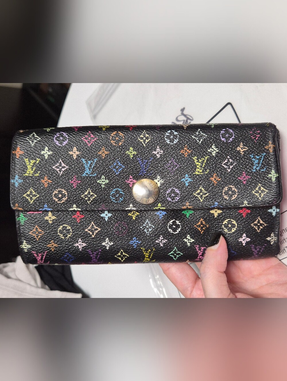 Louis Vuitton Multicolor Monogram Black Leather Wallet. Rare Mirakami Collab!